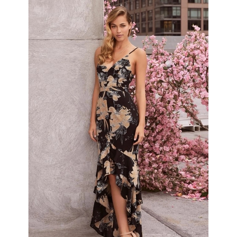 Lulus Darling Daylily Black Floral High-Low Maxi‎ Length Ruffle Trim Dress - Picture 2 of 9